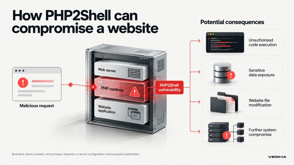Diagram showing how a malicious request can exploit a PHP2Shell vulnerability in a website's PHP server, potentially leading to unauthorised code execution, data exposure, file modification and further system compromise.