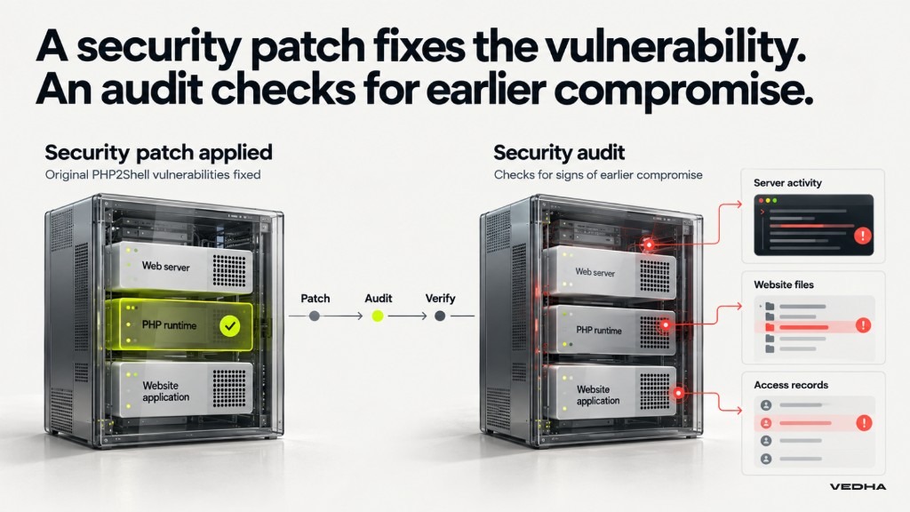 Infographic comparing a PHP2Shell security patch with a post-patch security audit, showing how patching fixes the vulnerability while an audit checks server activity, website files and access records for signs of earlier compromise.